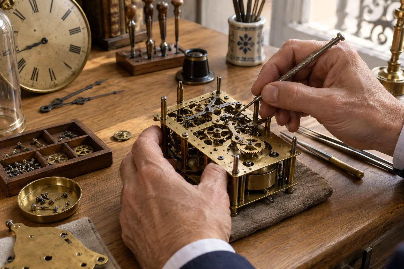 Travail minutieux sur le mouvement mécanique d’une horloge