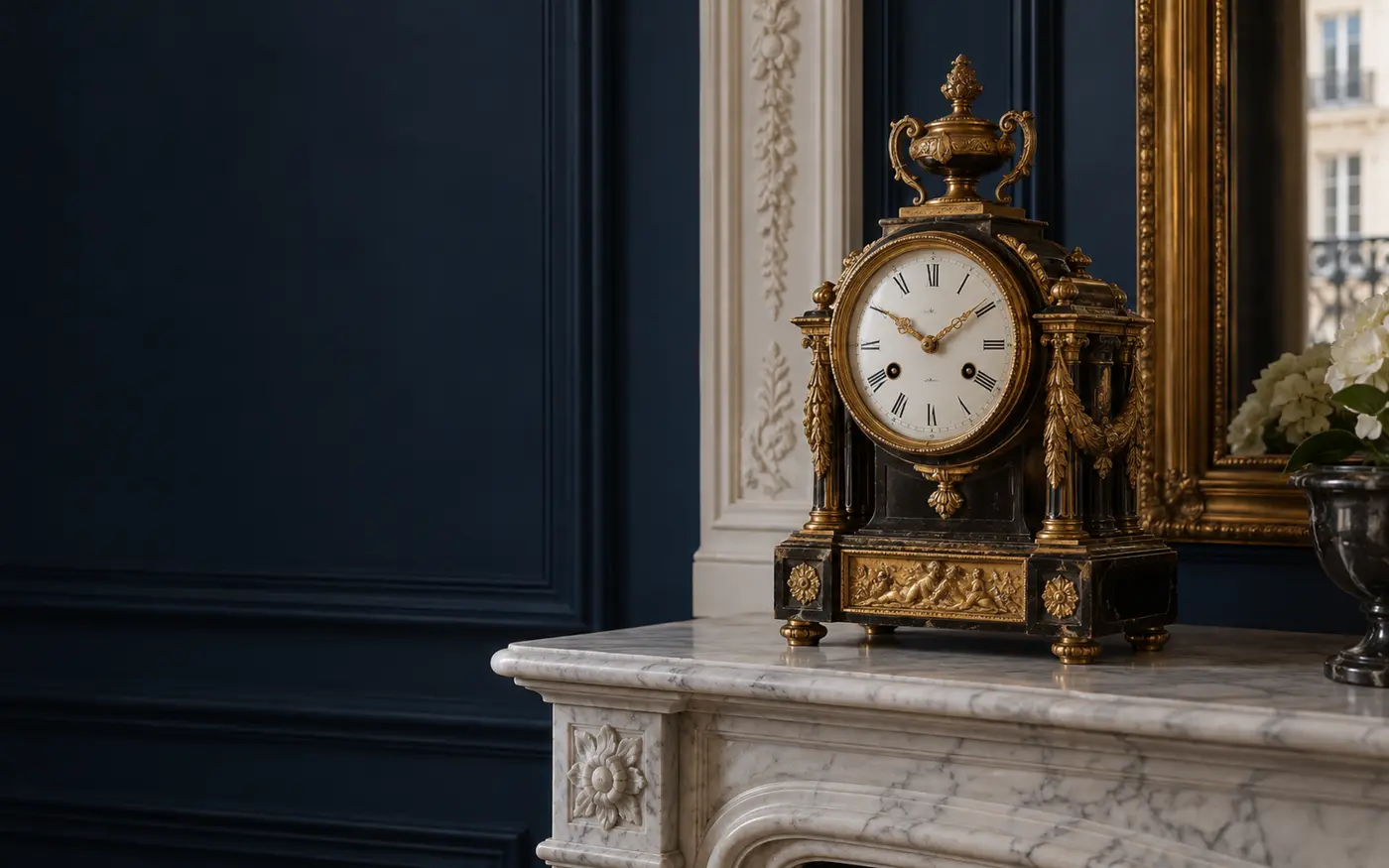 Pendule ancienne aux détails dorés dans un intérieur parisien élégant
